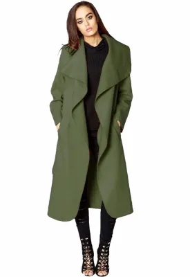 Khaki Waterfall Collar Belted Duster Coat