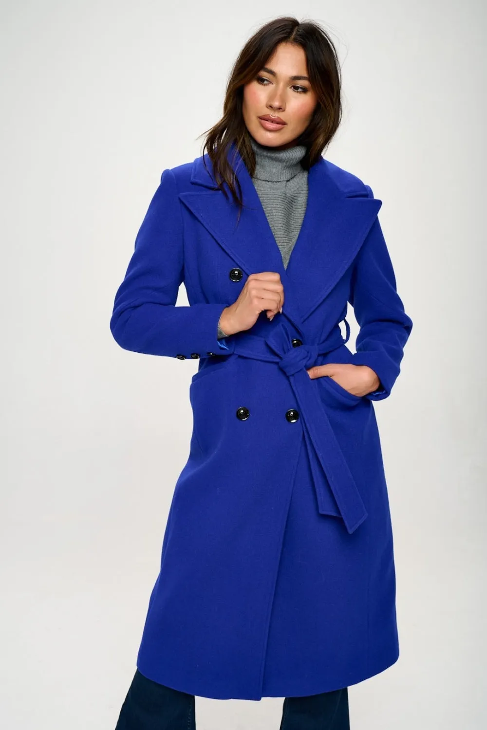 LA Double-Breasted Longline Belted Coat in Royal Blue