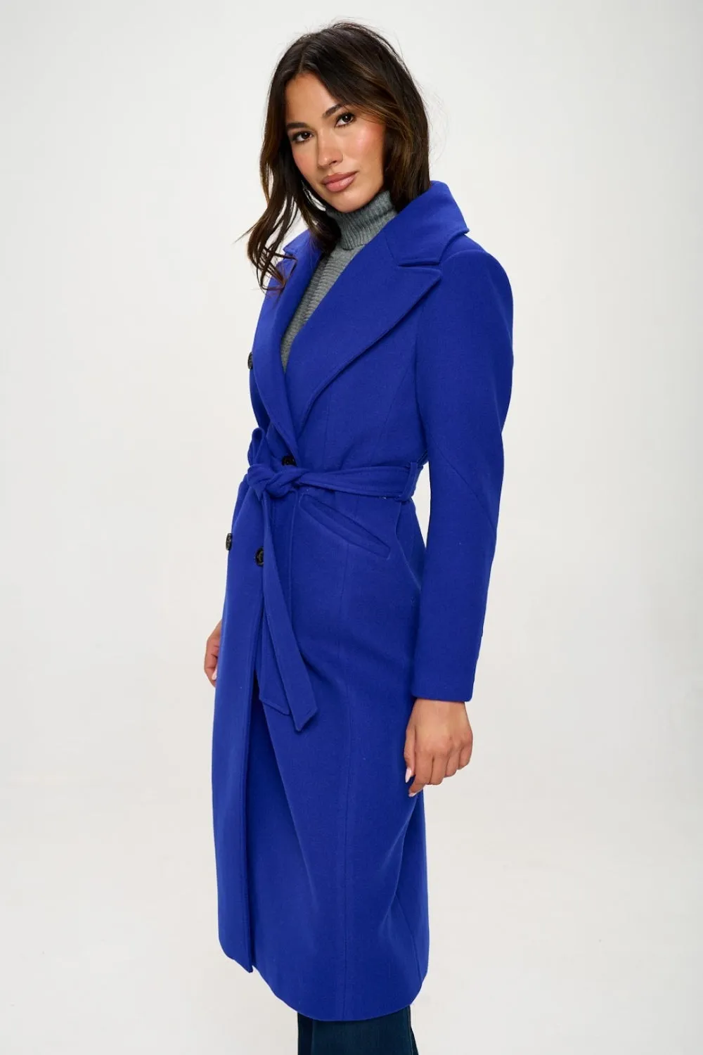 LA Double-Breasted Longline Belted Coat in Royal Blue