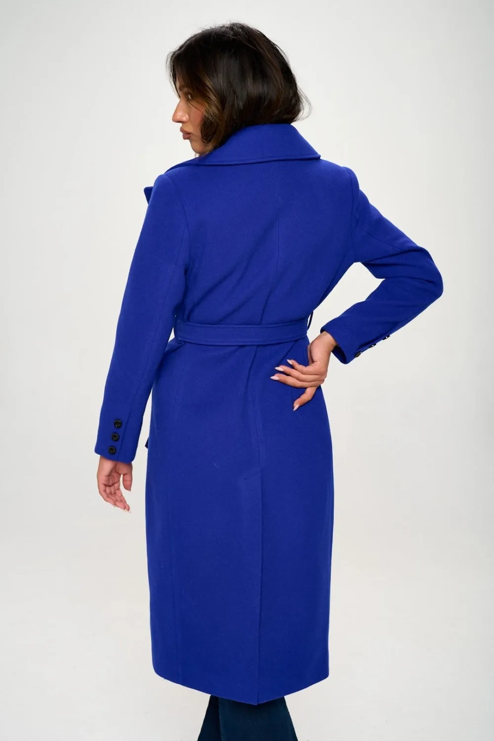 LA Double-Breasted Longline Belted Coat in Royal Blue