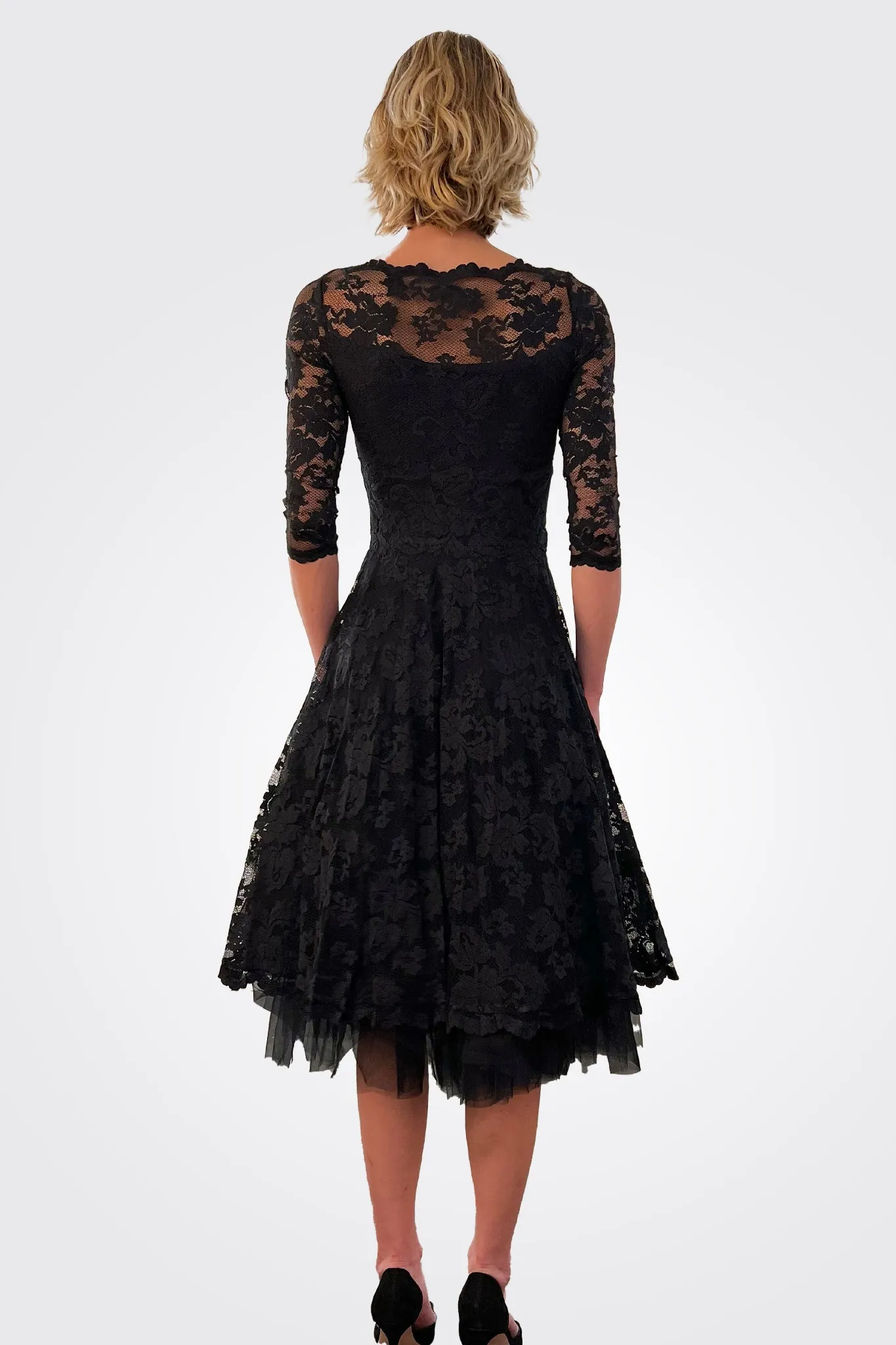 Long Sleeve Lace Tea Length Dress - Black