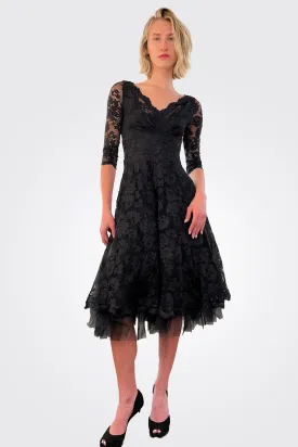 Long Sleeve Lace Tea Length Dress - Black