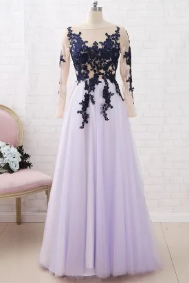 MACloth Long Sleeves Lace Tulle Dark Navy Maxi Prom Dress Formal Evening Gown