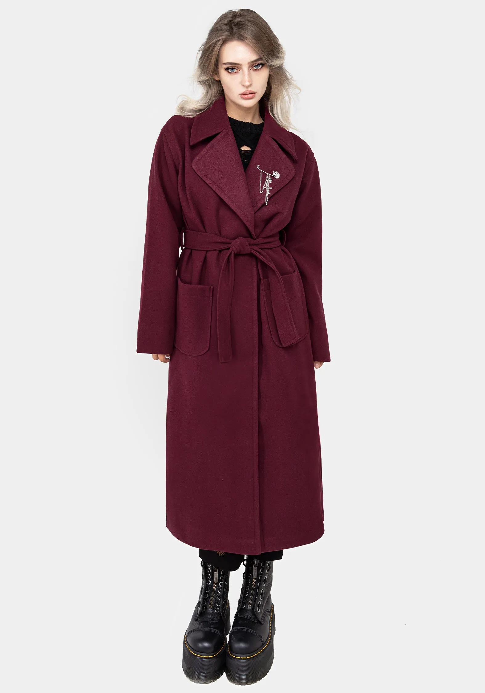 Meltdown Oversized Coat with Brooch - Red