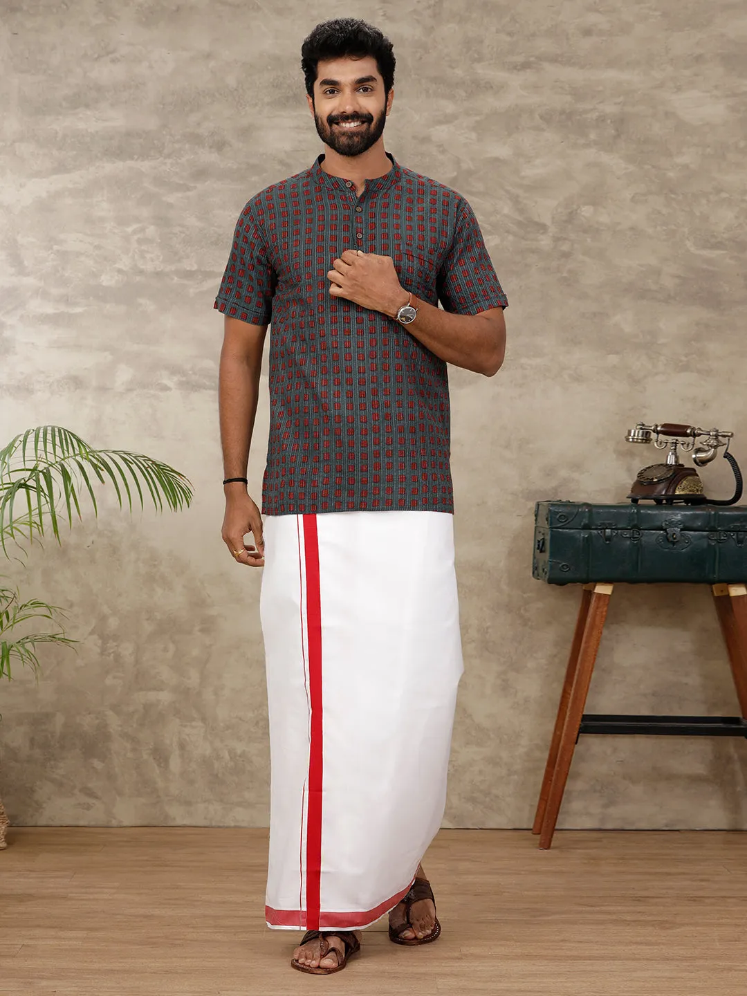 Men Single Dhoti with Matching Kurta Set Red OC1