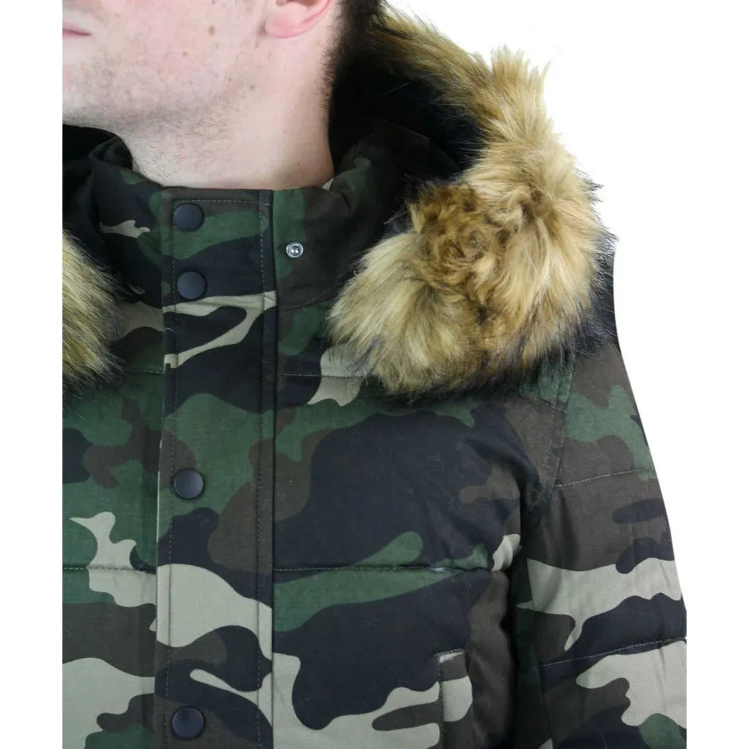 Men's Camo Camouflage Quilted Padded Puffer Jacket Hood Fur Removable