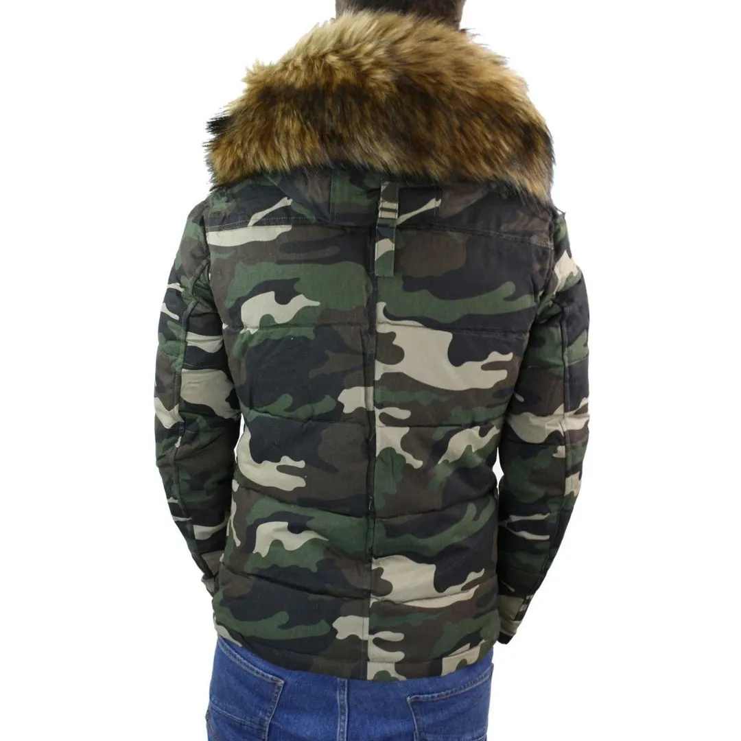 Men's Camo Camouflage Quilted Padded Puffer Jacket Hood Fur Removable