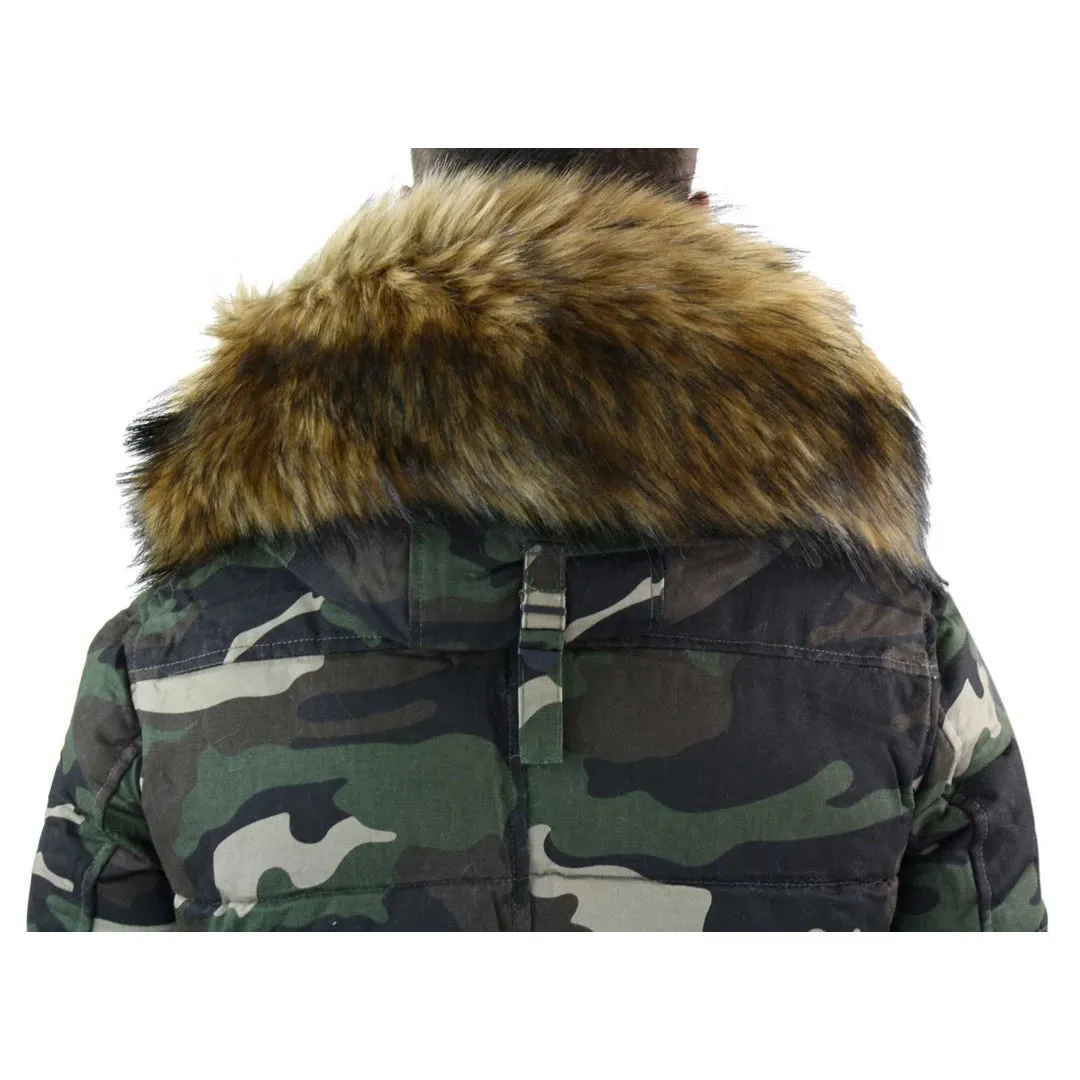 Men's Camo Camouflage Quilted Padded Puffer Jacket Hood Fur Removable