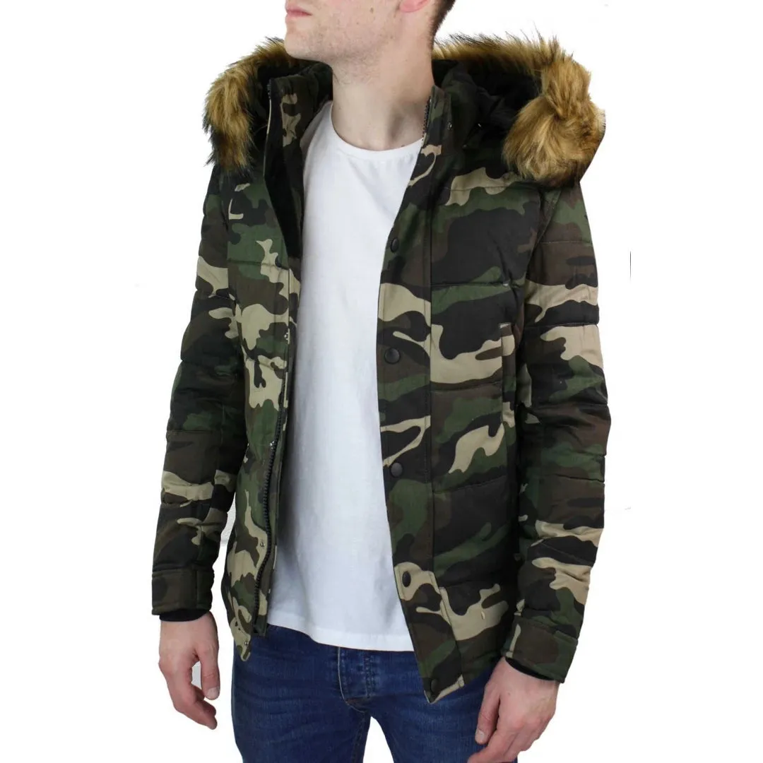 Men's Camo Camouflage Quilted Padded Puffer Jacket Hood Fur Removable