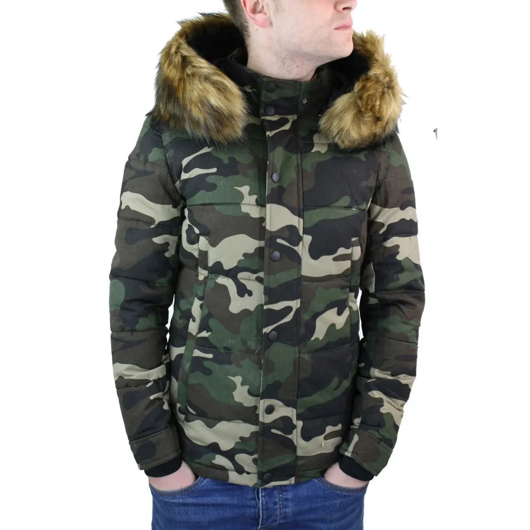 Men's Camo Camouflage Quilted Padded Puffer Jacket Hood Fur Removable