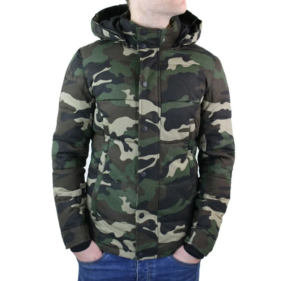 Men's Camo Camouflage Quilted Padded Puffer Jacket Hood Fur Removable