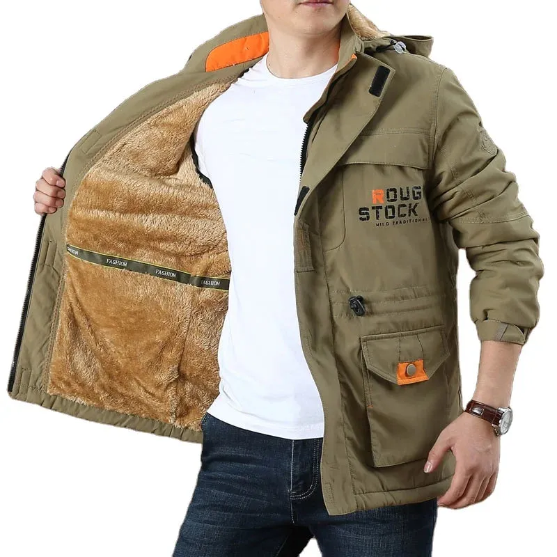 Mens jacket plus size fur lined  hooded faux fur winter work parka