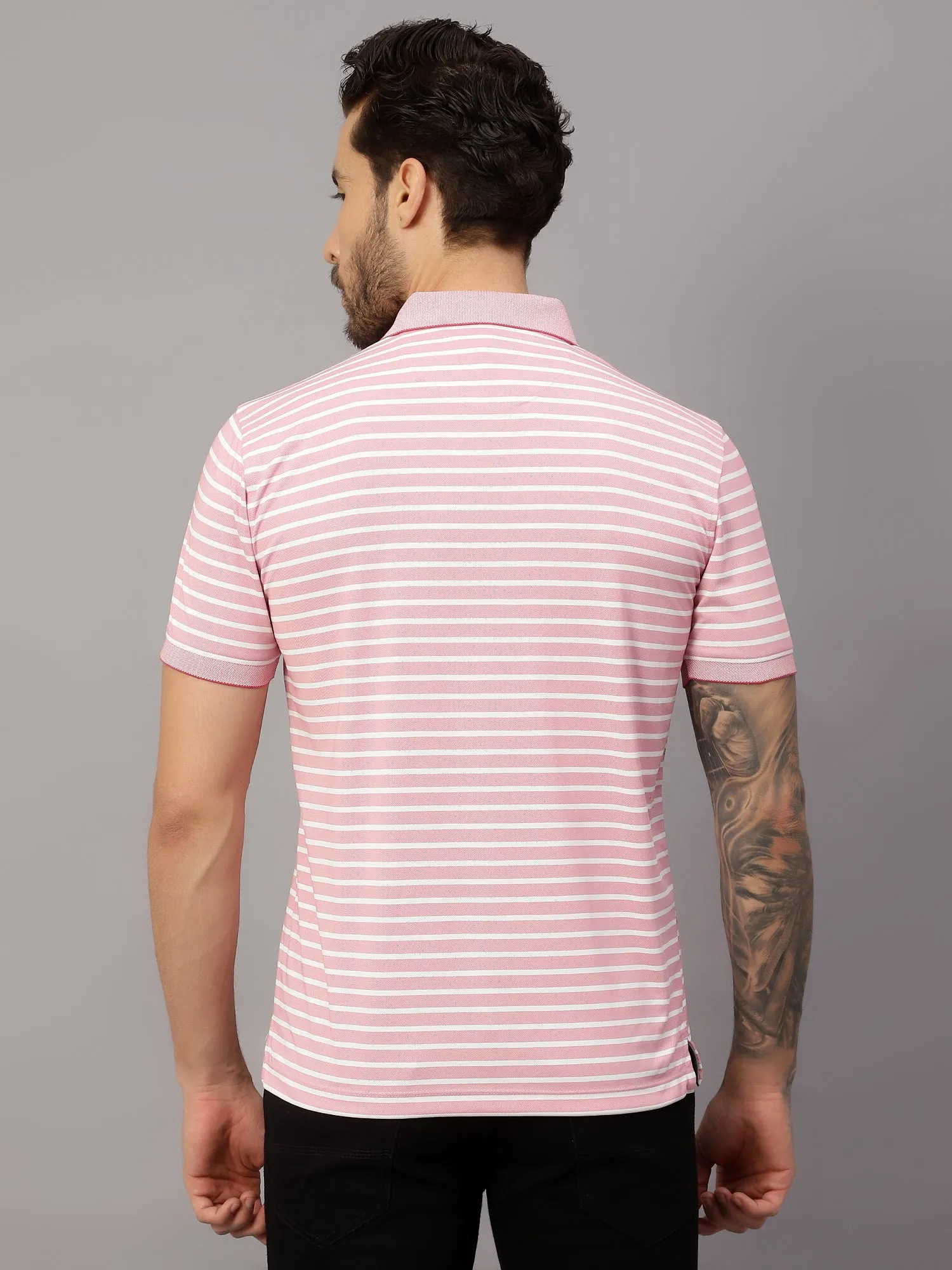 Men's Pink Stripe Polo neck Half Sleeve T-Shirt