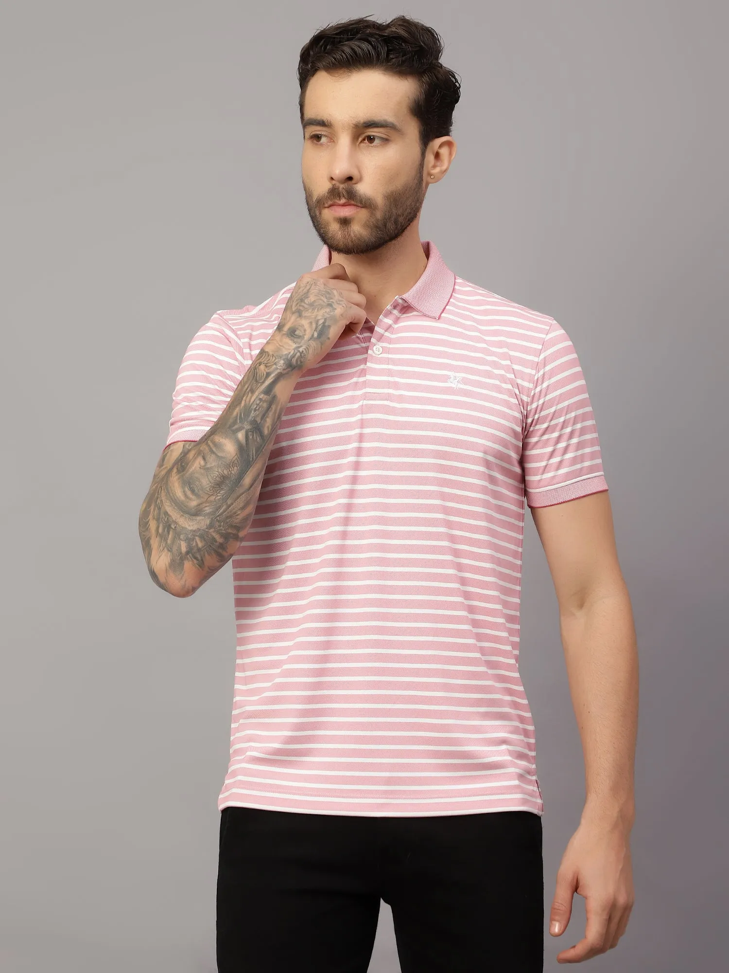 Men's Pink Stripe Polo neck Half Sleeve T-Shirt