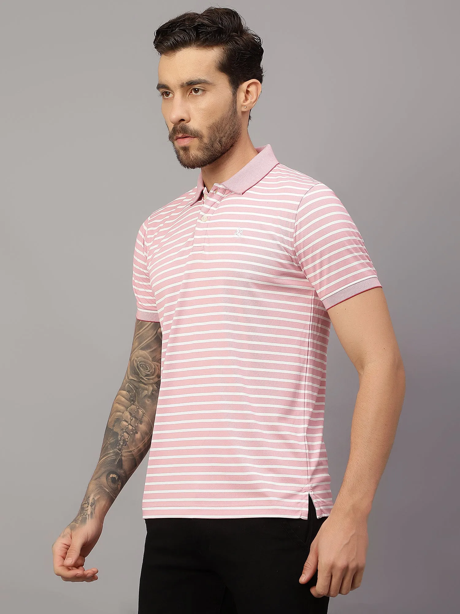 Men's Pink Stripe Polo neck Half Sleeve T-Shirt