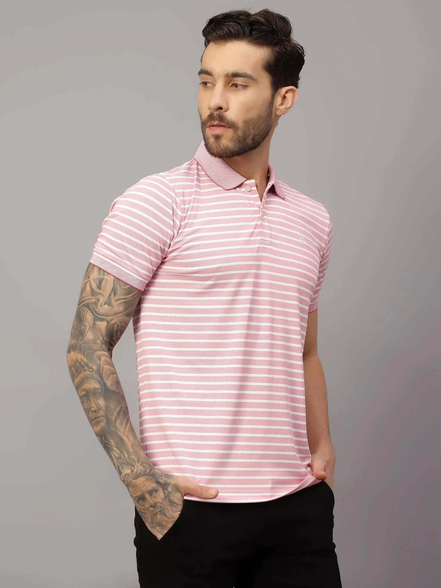 Men's Pink Stripe Polo neck Half Sleeve T-Shirt