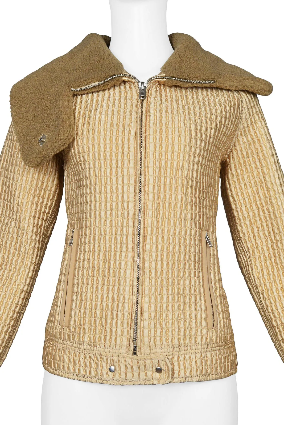 MIU MIU GOLD QUILTED & FAUX SHEARLING COLLAR JACKET 2002