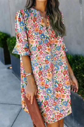 Multicolor Floral Print Split V Neck Half Sleeve Casual Tunic Dress