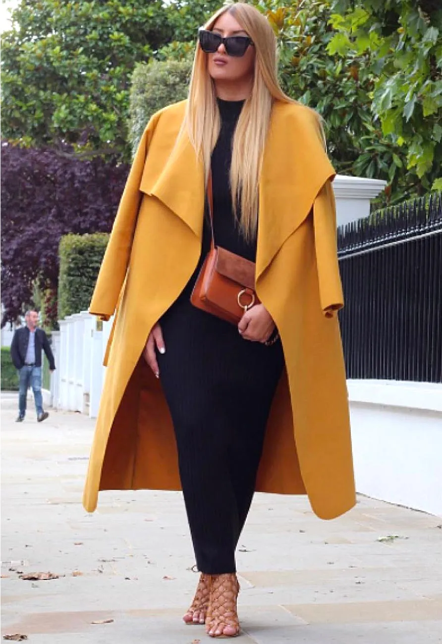 Mustard Plus Size Waterfall Collar Belted Duster Coat