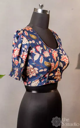 Navy blue floral printed semi silk readymade blouse