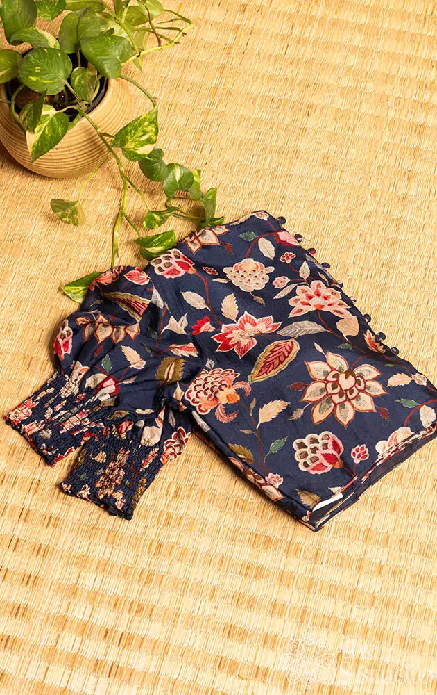 Navy blue floral printed semi silk readymade blouse