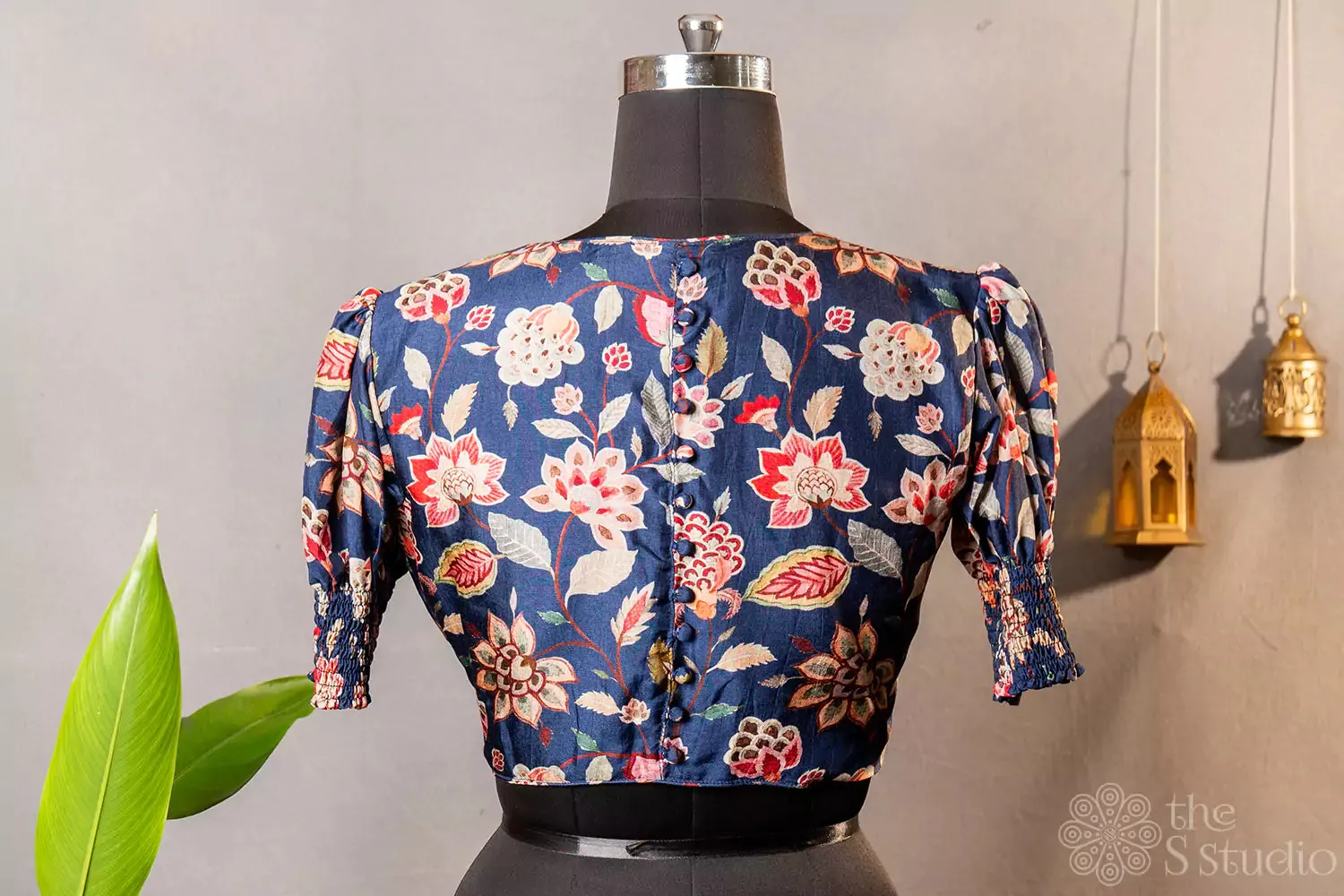 Navy blue floral printed semi silk readymade blouse