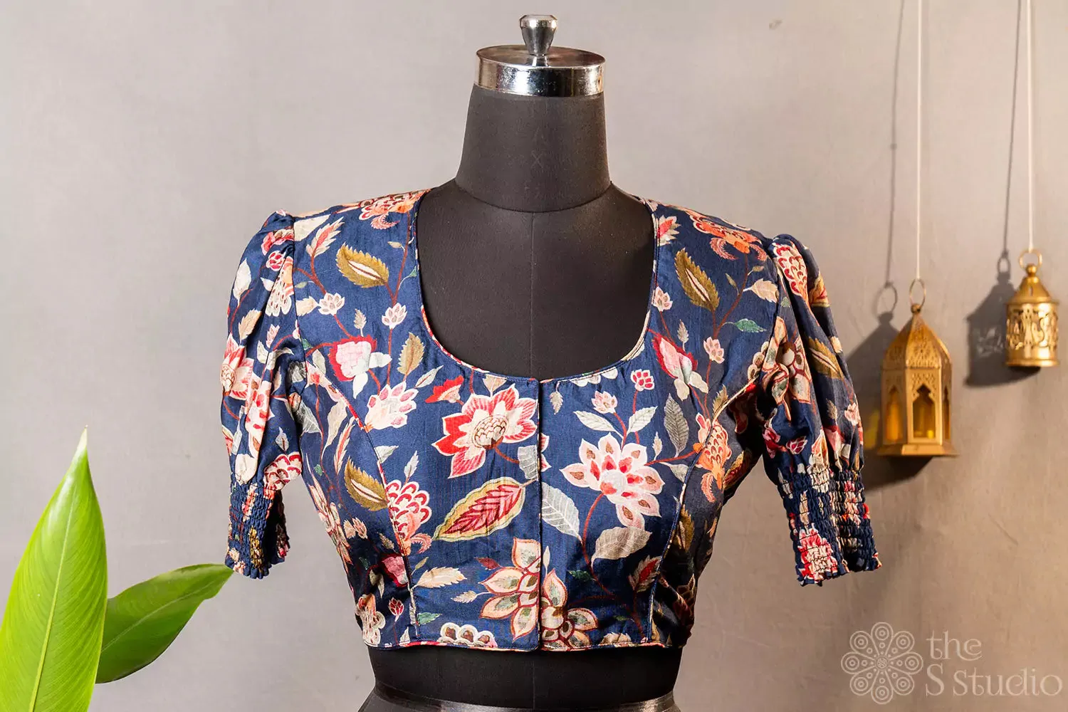 Navy blue floral printed semi silk readymade blouse