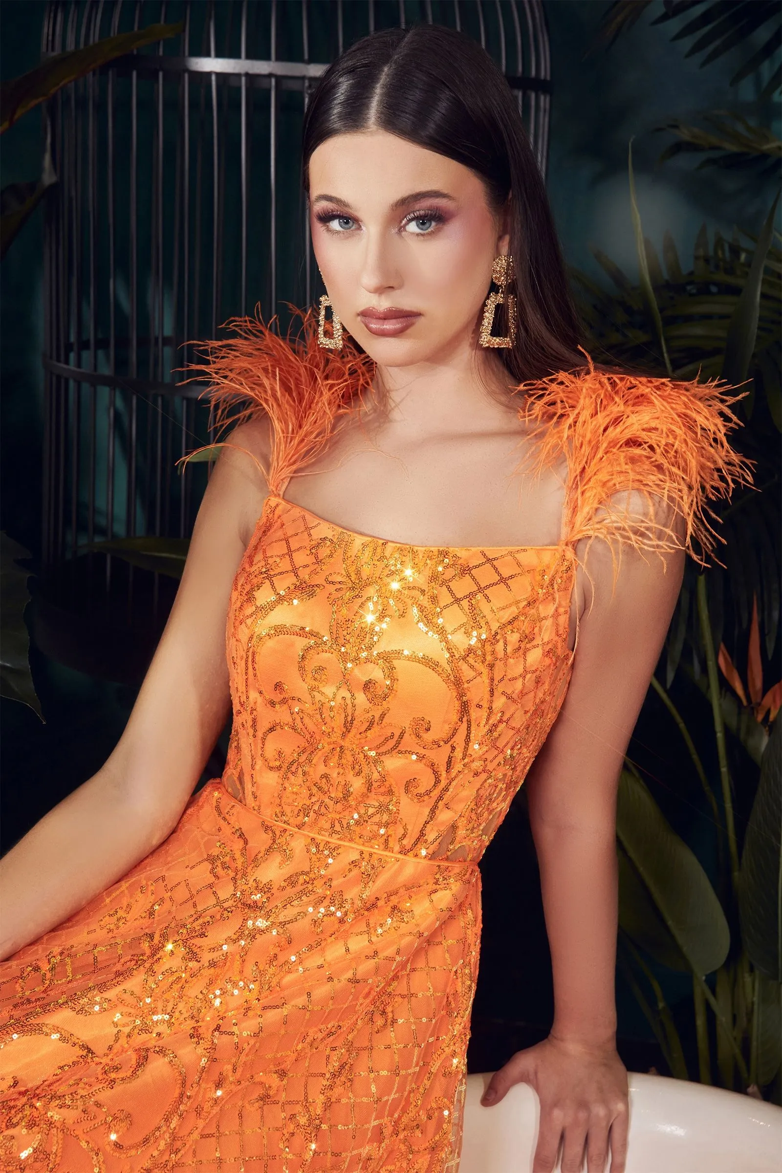 NEON ORANGE BALL GOWN WITH FEATHERS CDKV1076