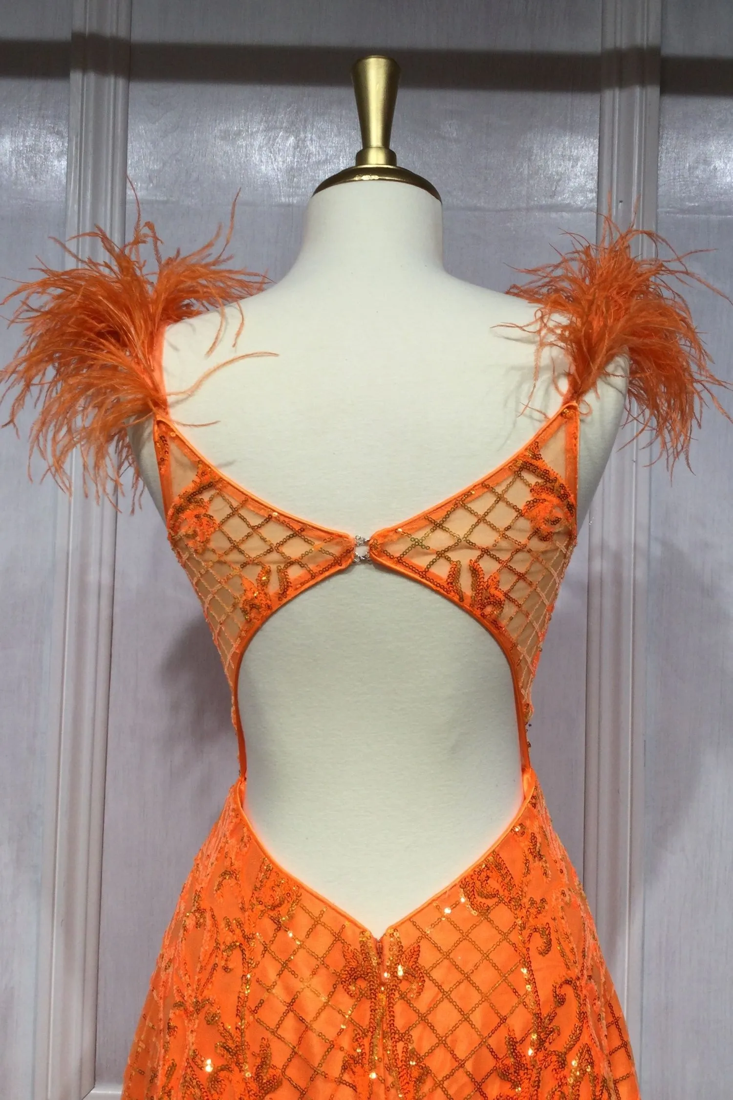 NEON ORANGE BALL GOWN WITH FEATHERS CDKV1076