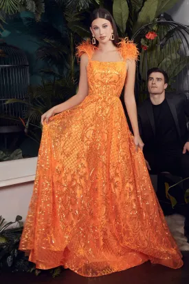 NEON ORANGE BALL GOWN WITH FEATHERS CDKV1076