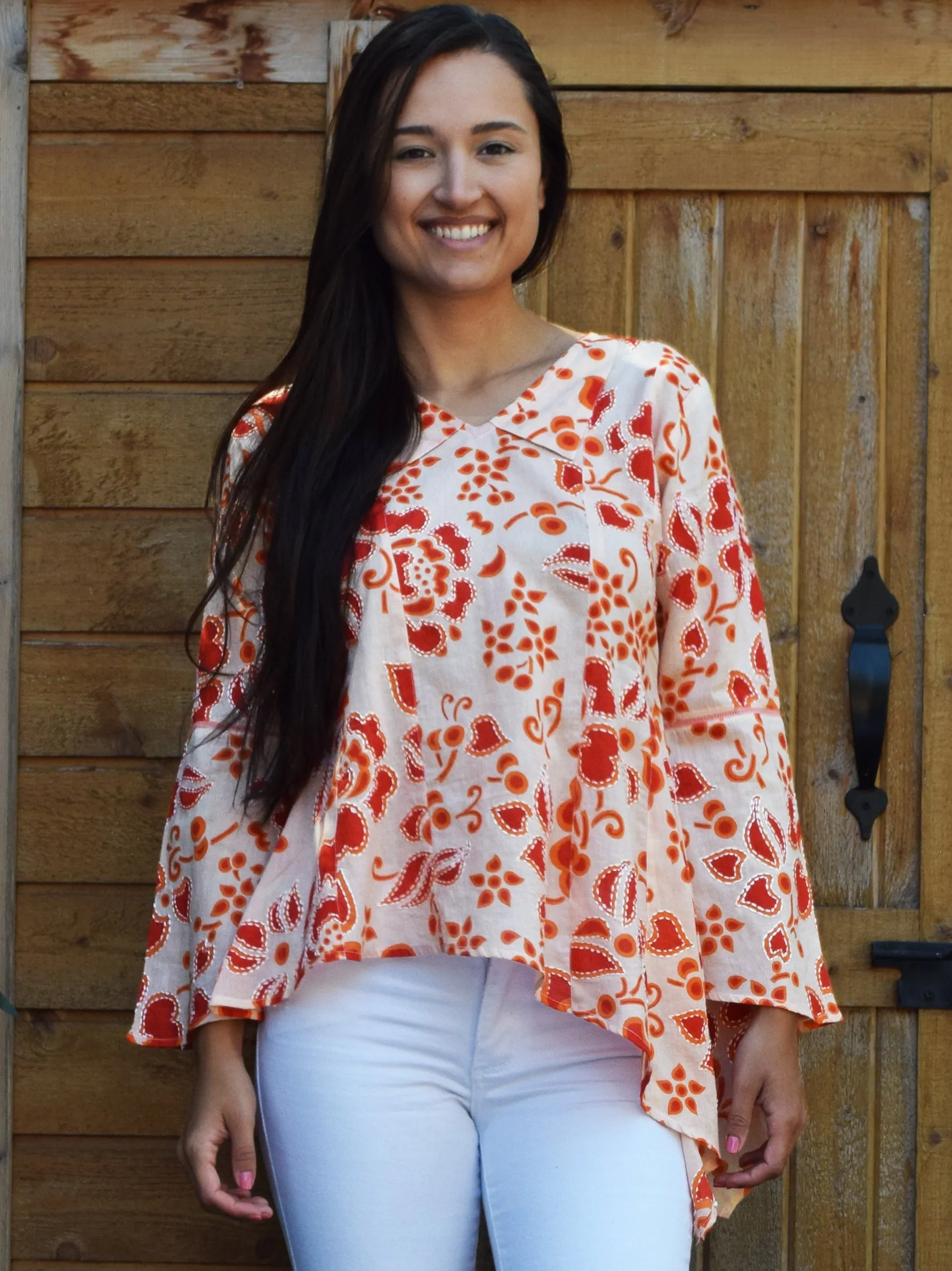 NORA Printed Soft Cotton Hand Embroidered Uneven Hem Tunic Top: Made to Order/Customizable