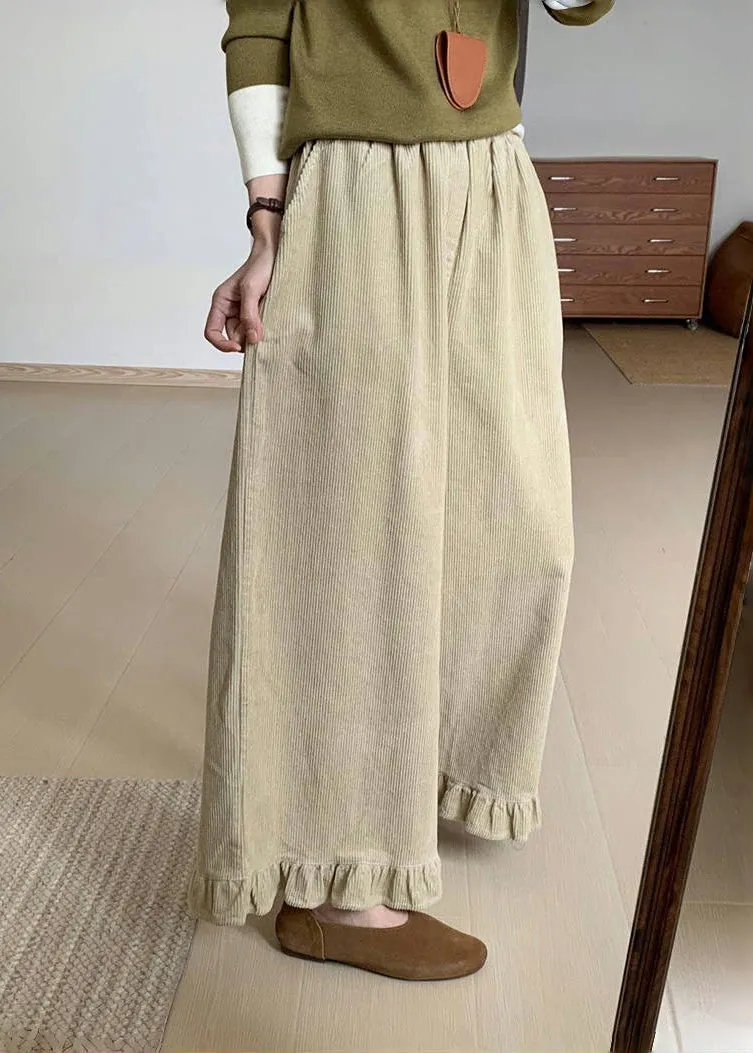 Original Green Ruffled Patchwork Corduroy Wide Leg Pants Winter RF010