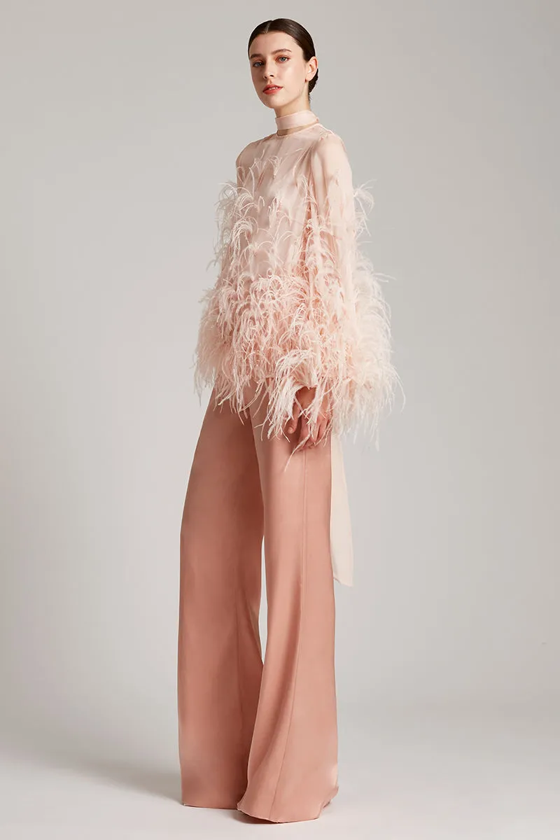 Ostrich Feather Embellished Blouse with Bell Sleeves in Baby Pink