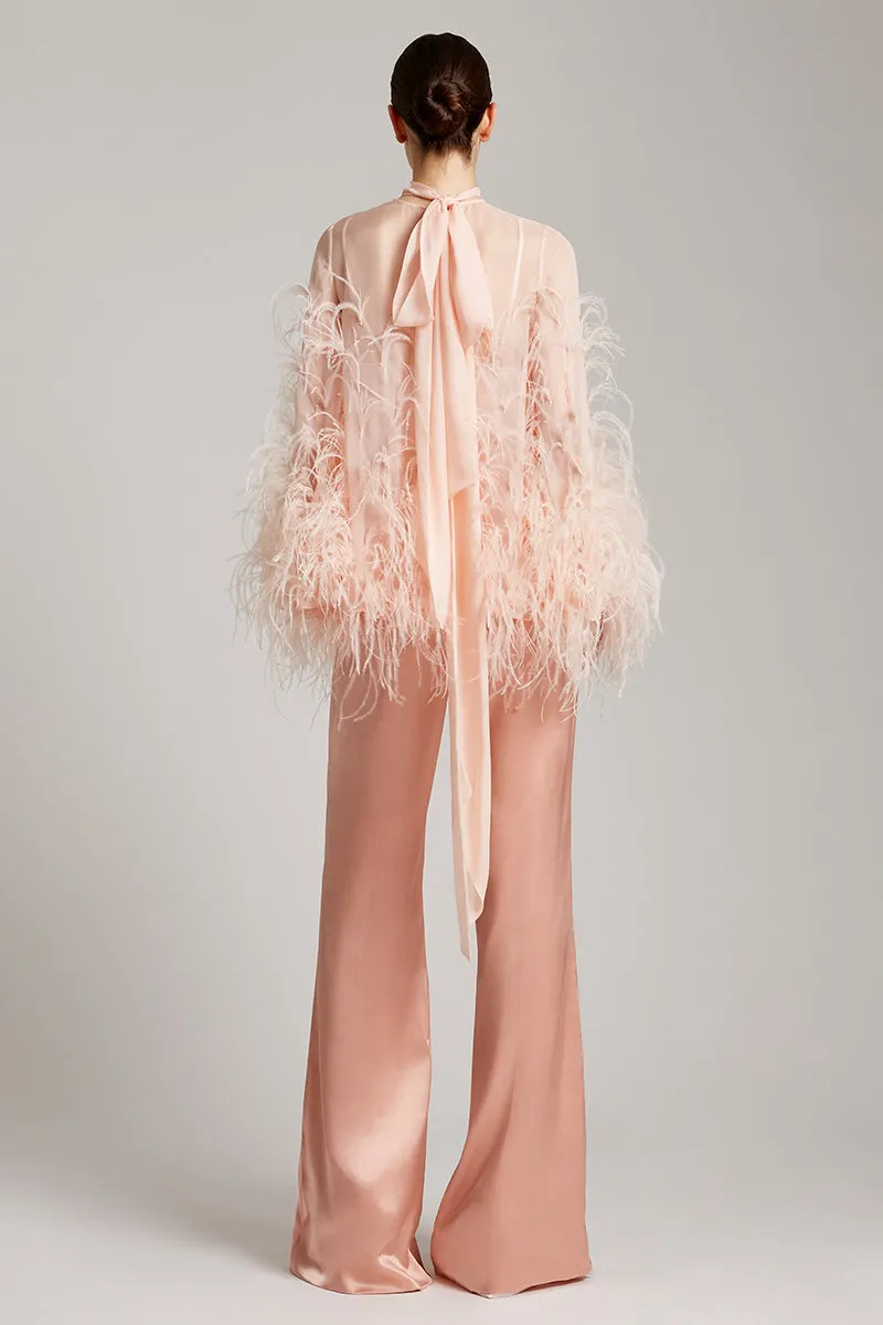 Ostrich Feather Embellished Blouse with Bell Sleeves in Baby Pink