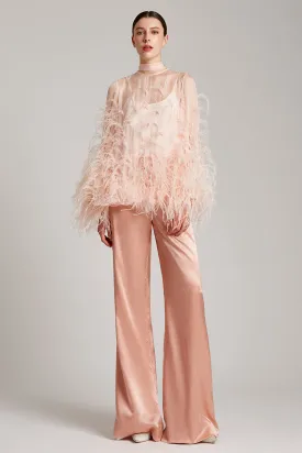 Ostrich Feather Embellished Blouse with Bell Sleeves in Baby Pink