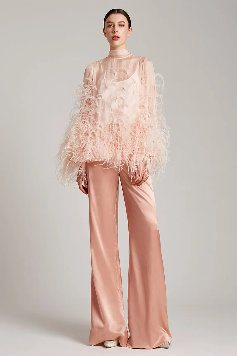 Ostrich Feather Embellished Blouse with Bell Sleeves in Baby Pink