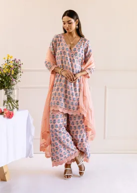 Peach Muslin Silk Angrakha Anarkali Set