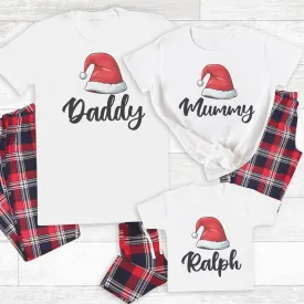 Personalised Daddy, Mummy & ... Santa Hat - Family Matching Christmas Pyjamas - Top & Tartan PJ Bottoms - (Sold Separately)