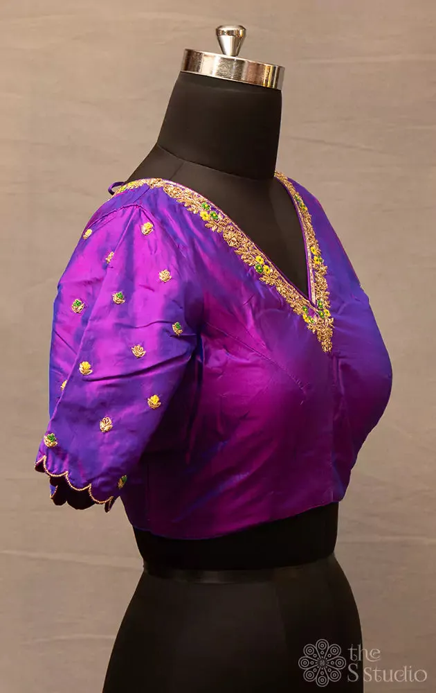 Purple hand embroidered silk blouse with neck pattern