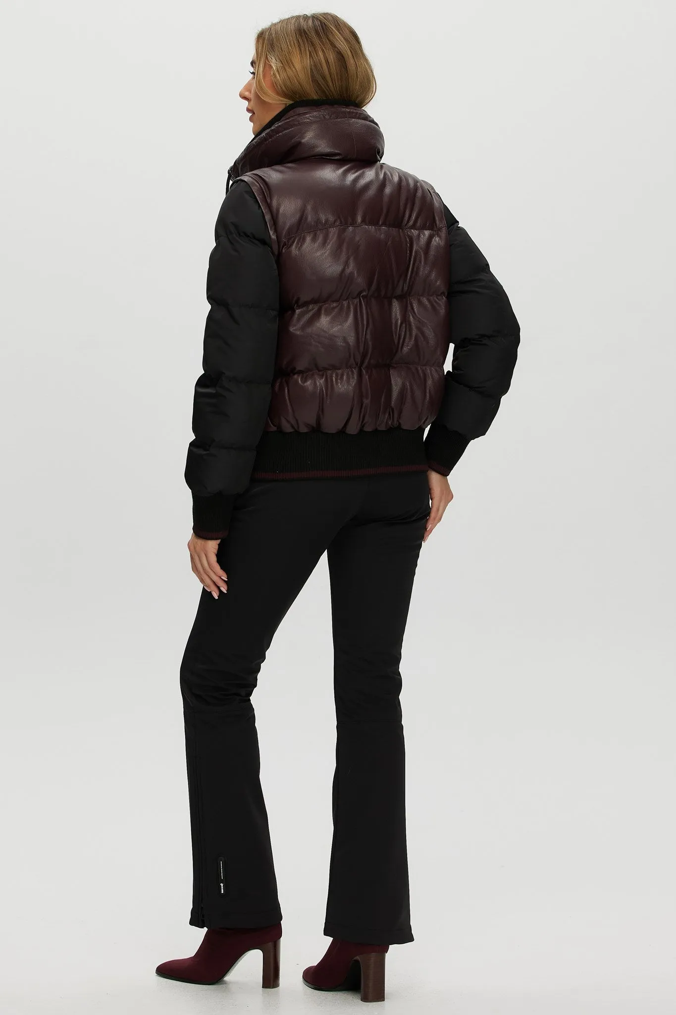 Quilted Leather Jacket with Detachable Fabric Sleeves