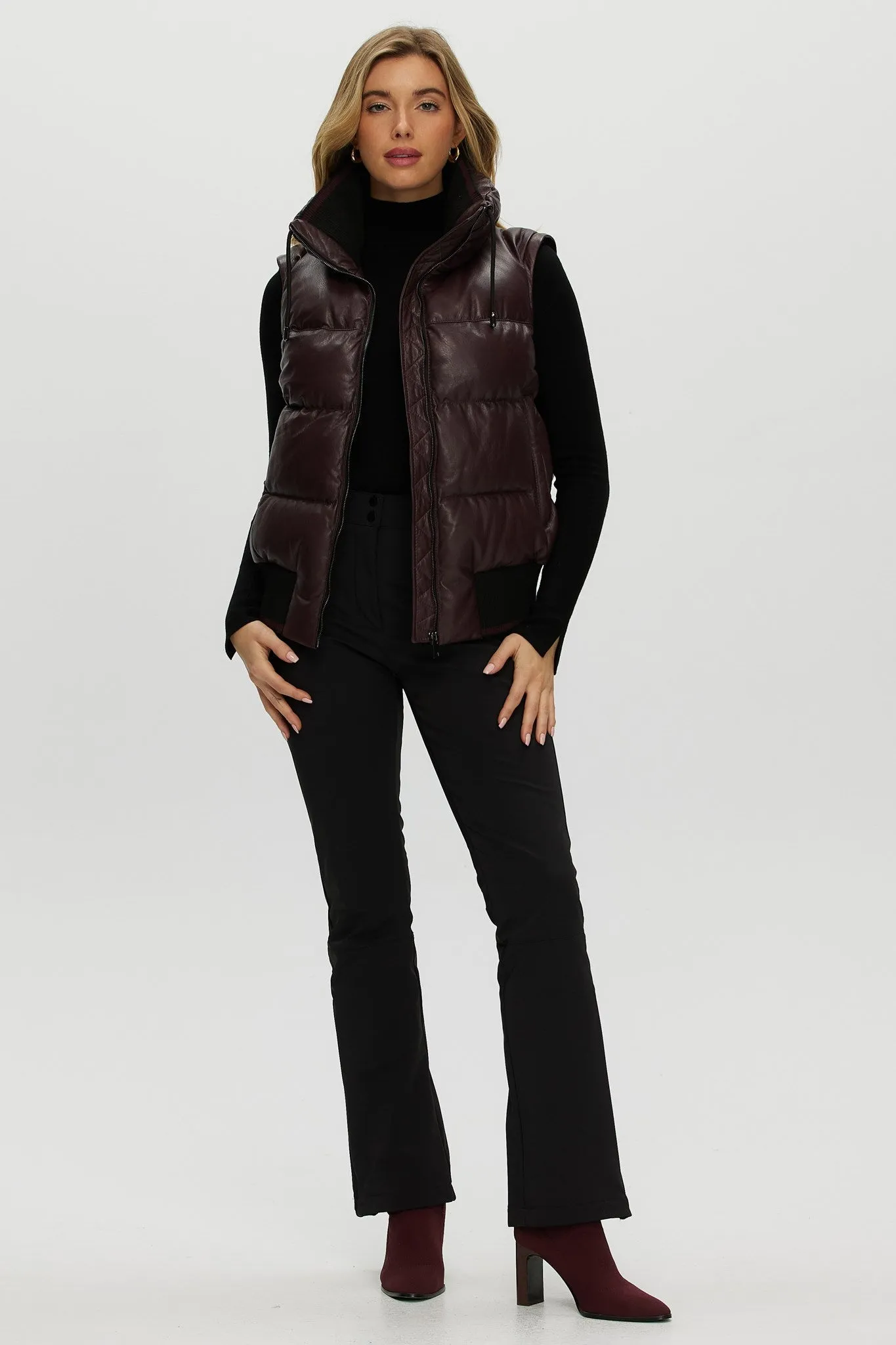 Quilted Leather Jacket with Detachable Fabric Sleeves