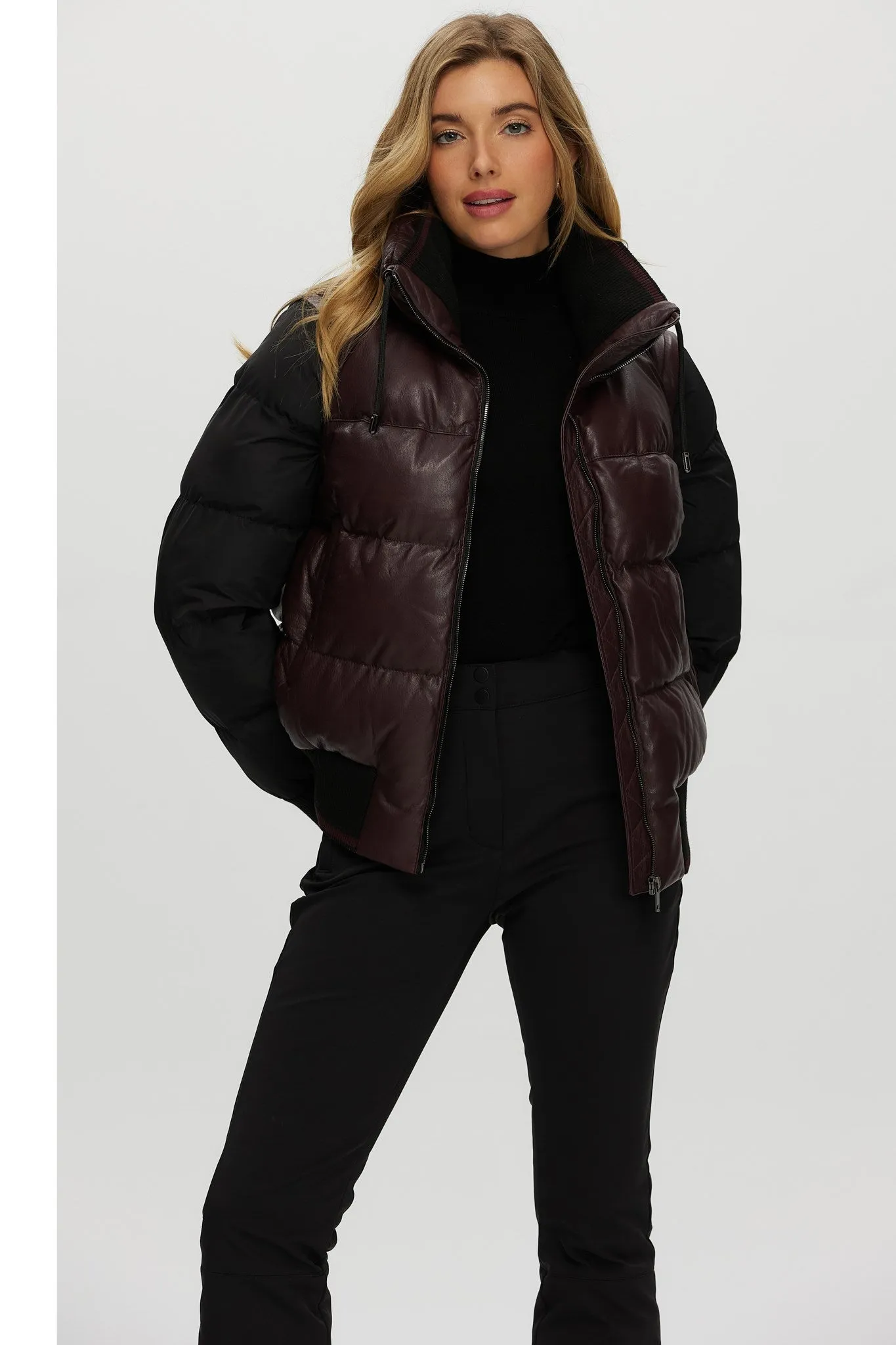 Quilted Leather Jacket with Detachable Fabric Sleeves