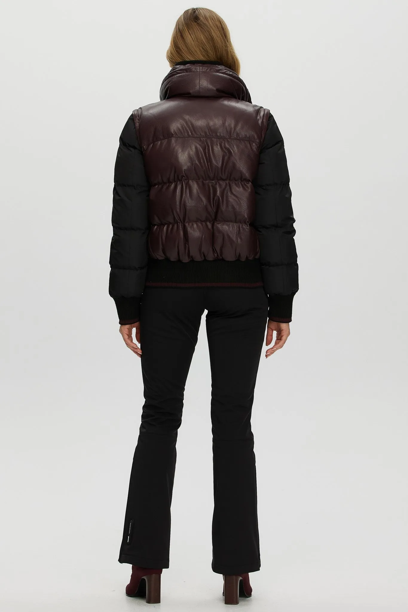 Quilted Leather Jacket with Detachable Fabric Sleeves