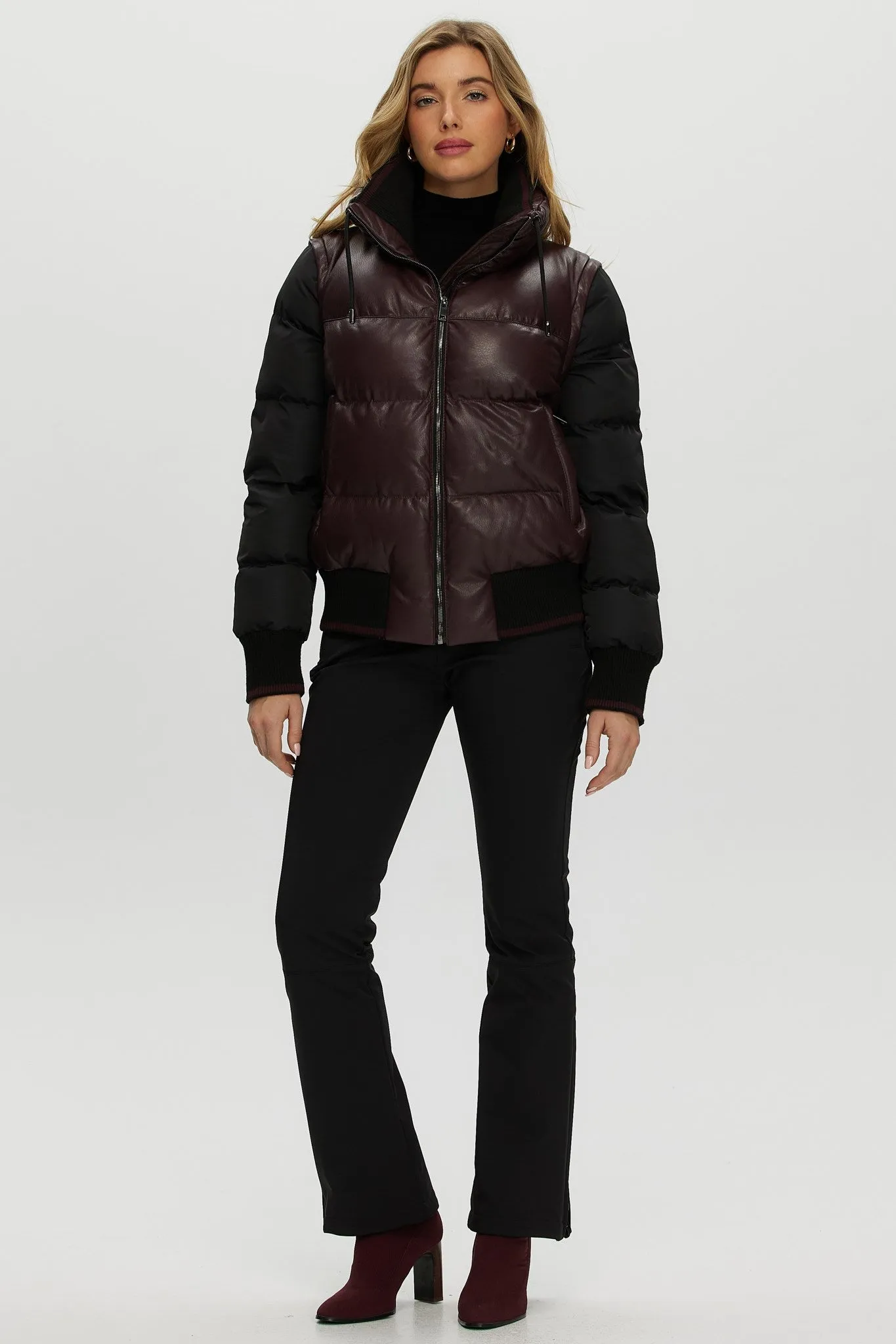 Quilted Leather Jacket with Detachable Fabric Sleeves