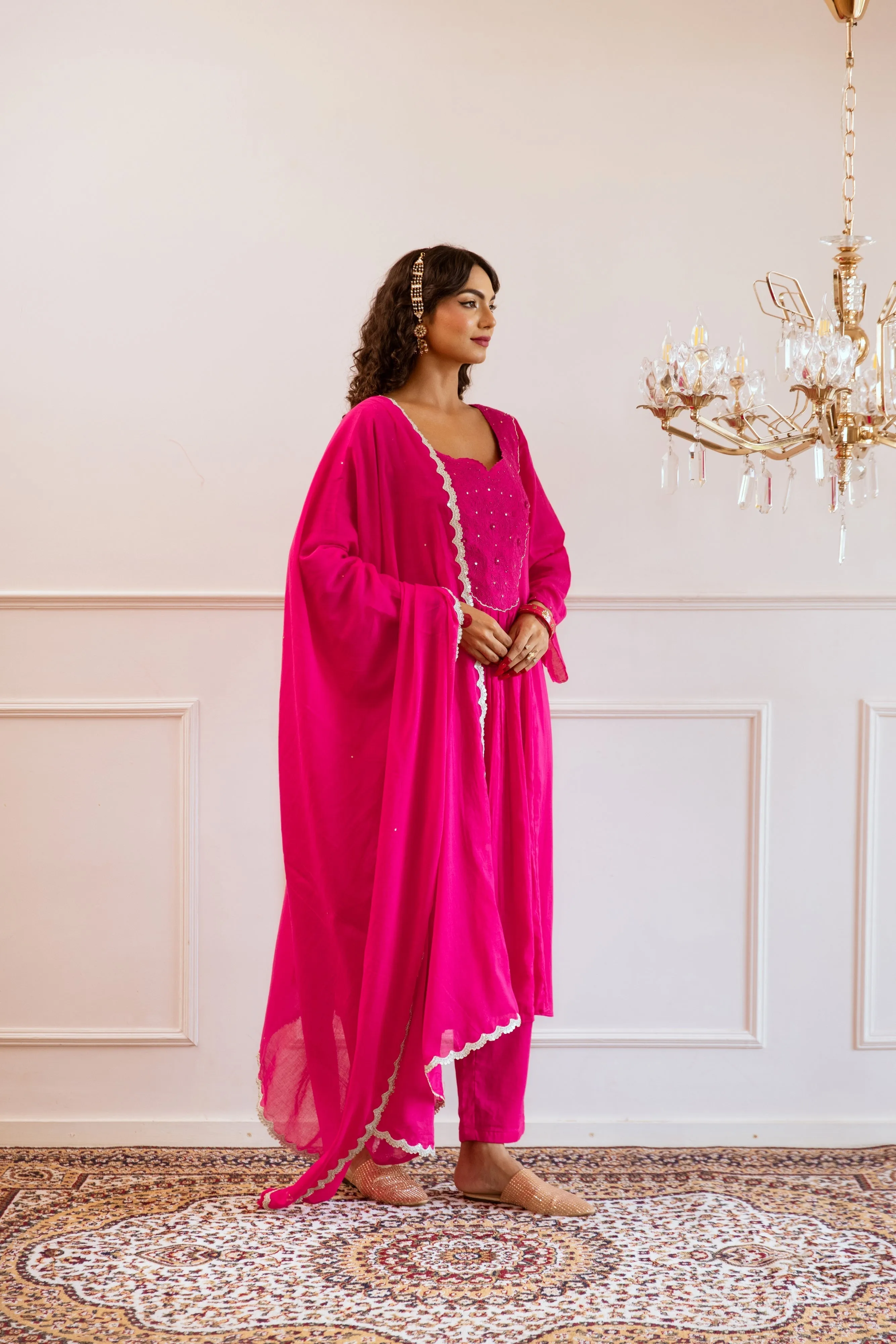 Rani Pink Mulmul Yoke Embroidered Anarkali Set