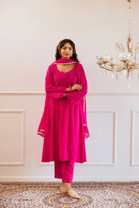 Rani Pink Mulmul Yoke Embroidered Anarkali Set