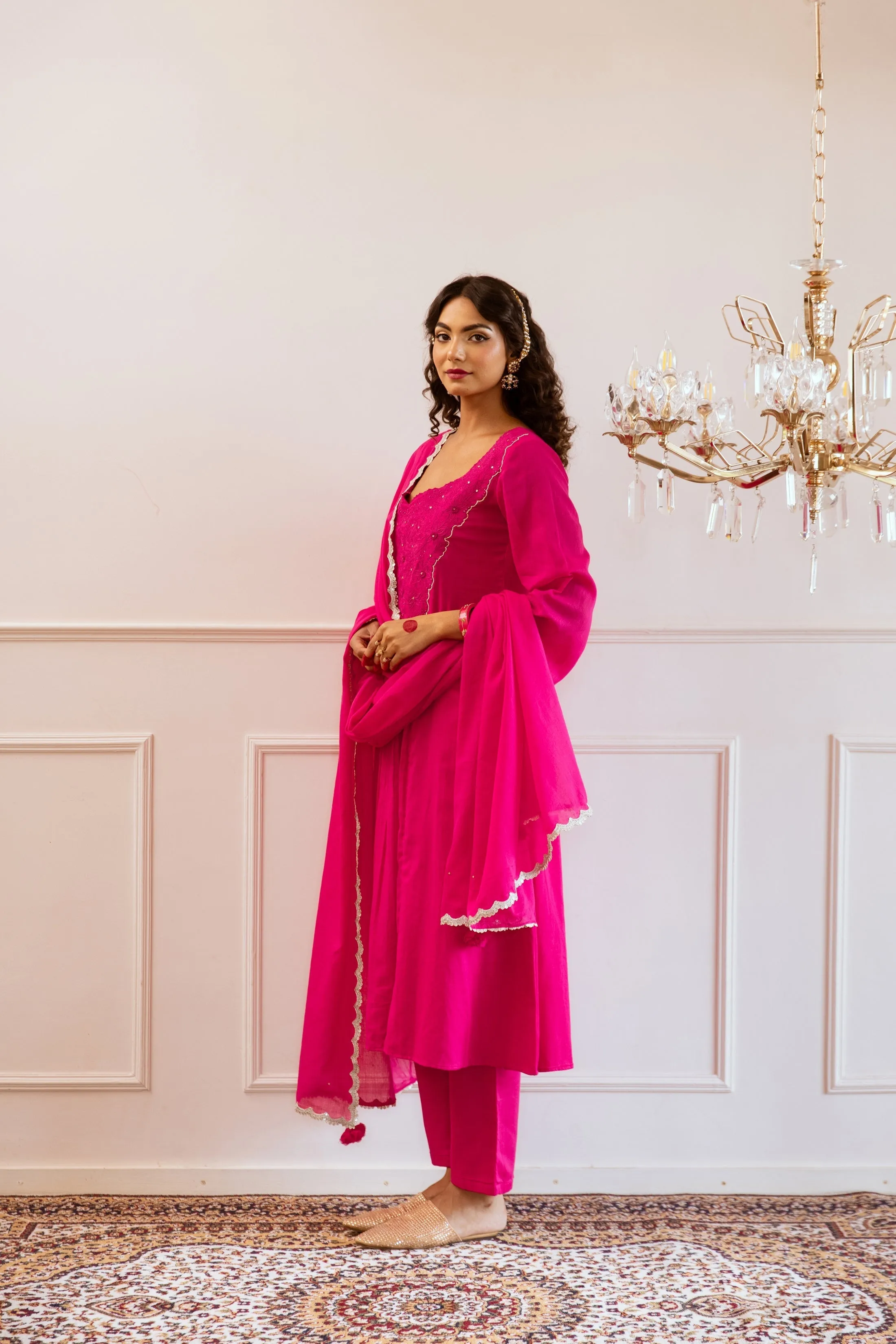 Rani Pink Mulmul Yoke Embroidered Anarkali Set