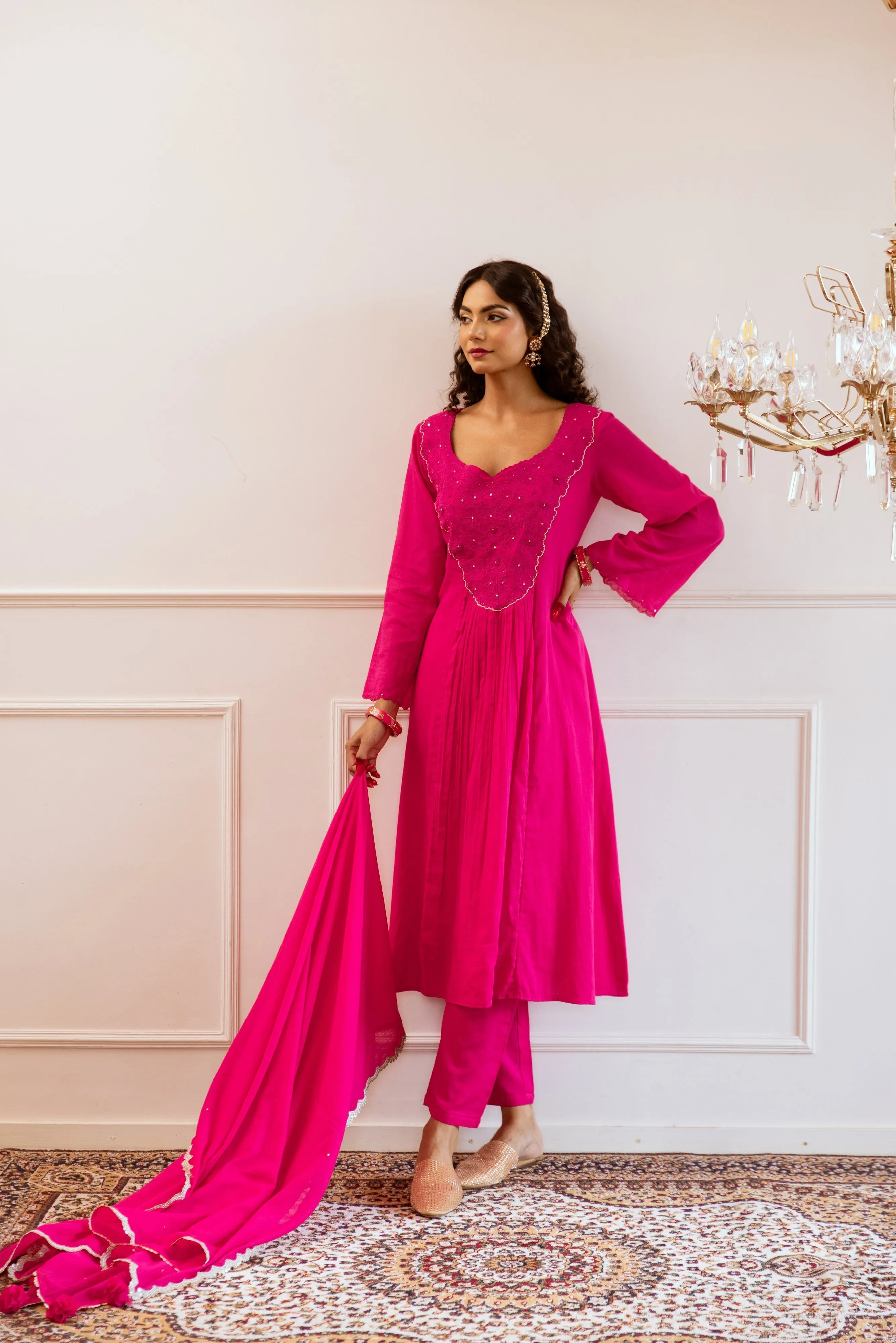 Rani Pink Mulmul Yoke Embroidered Anarkali Set