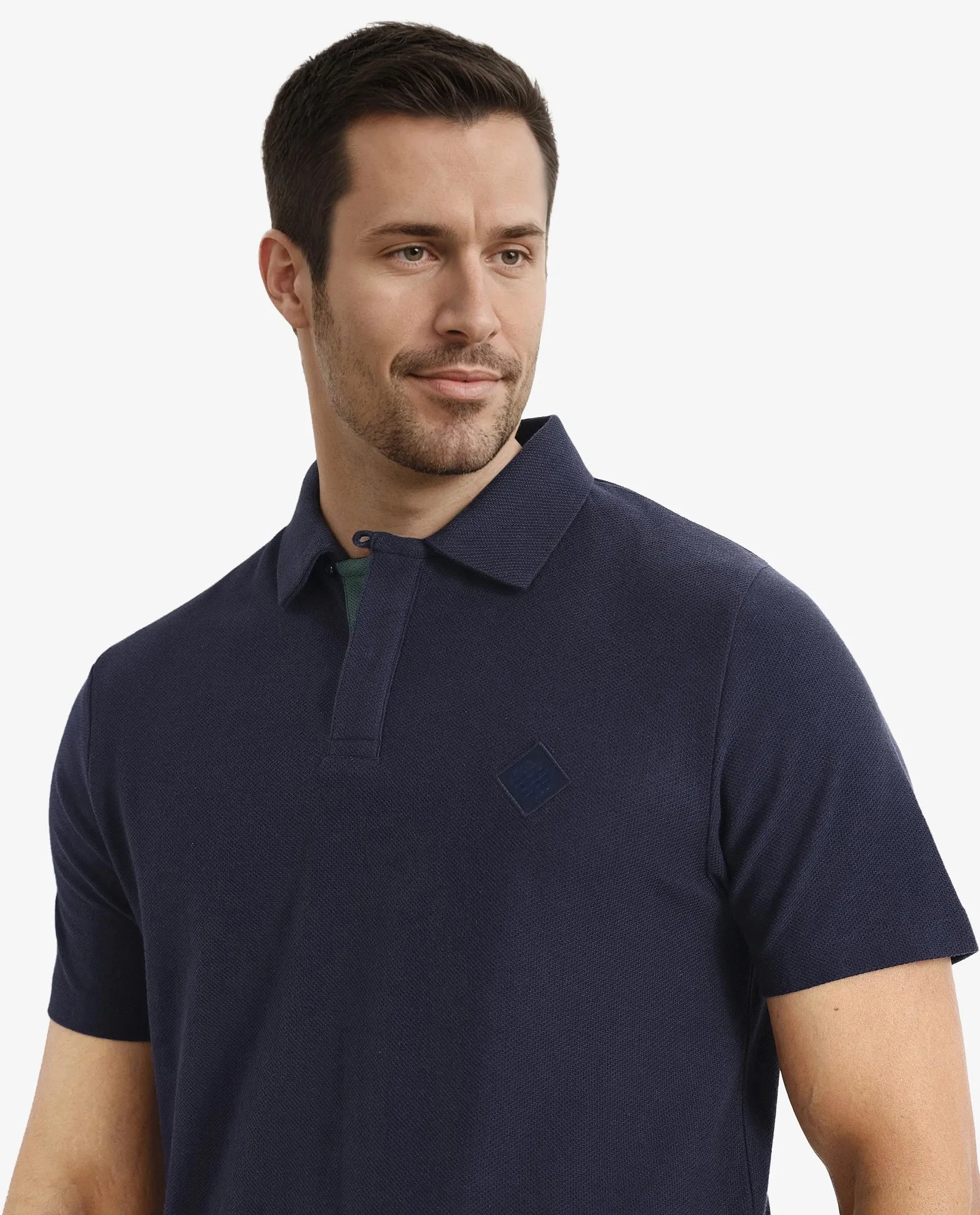 Rare Rabbit Men's Charles Navy Cotton Fabric Short Sleeve Regular Fit Plain Knitted Polo T-Shirt