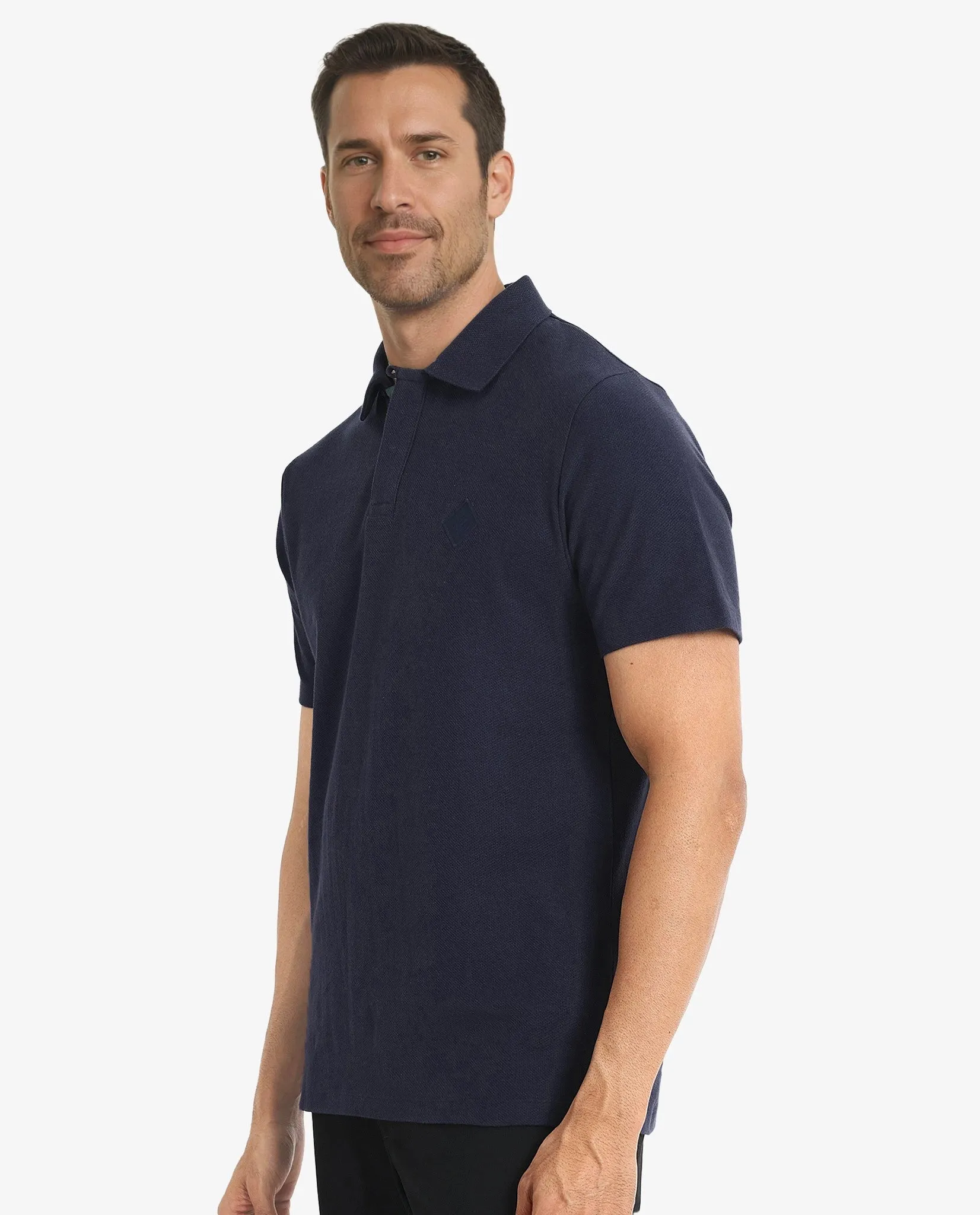 Rare Rabbit Men's Charles Navy Cotton Fabric Short Sleeve Regular Fit Plain Knitted Polo T-Shirt